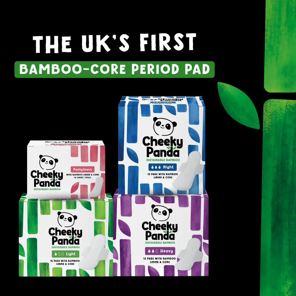 Cheeky Panda bamboo-core period pad packaging with green leaf on a white background