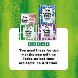 Cheeky Panda period pads packaging on a green background with a 5-star review and customer testimonial.