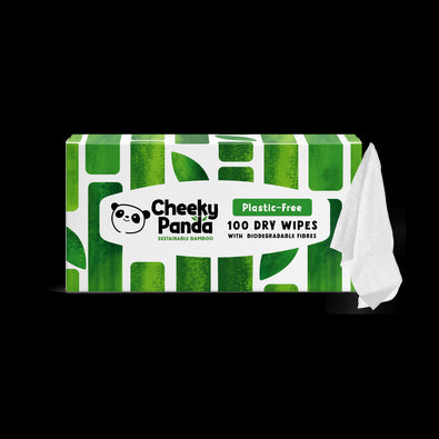 Box of Cheeky Panda dry wipes with a green and white design on a black background