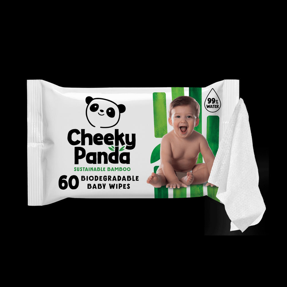 Pack of Cheeky Panda biodegradable baby wipes with a child on the packaging.