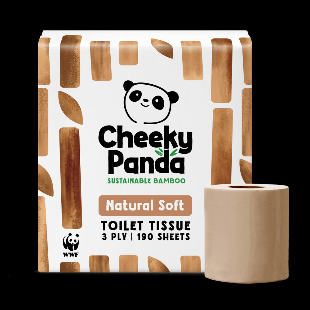Cheeky Panda unbleached sustainable bamboo toilet paper packaging with a panda logo on a black background