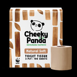 Cheeky Panda unbleached sustainable bamboo toilet paper packaging with a panda logo on a black background
