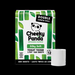 Cheeky Panda sustainable bamboo toilet paper packaging with a roll of tissue in front on a black background.