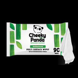 Cheeky Panda multi surface antibacterial wipes packaging with a white wipe on a black background