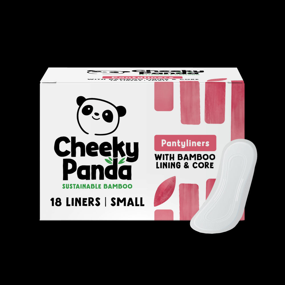 Box of Cheeky Panda sustainable bamboo pantyliners with a liner displayed in front on a black background.