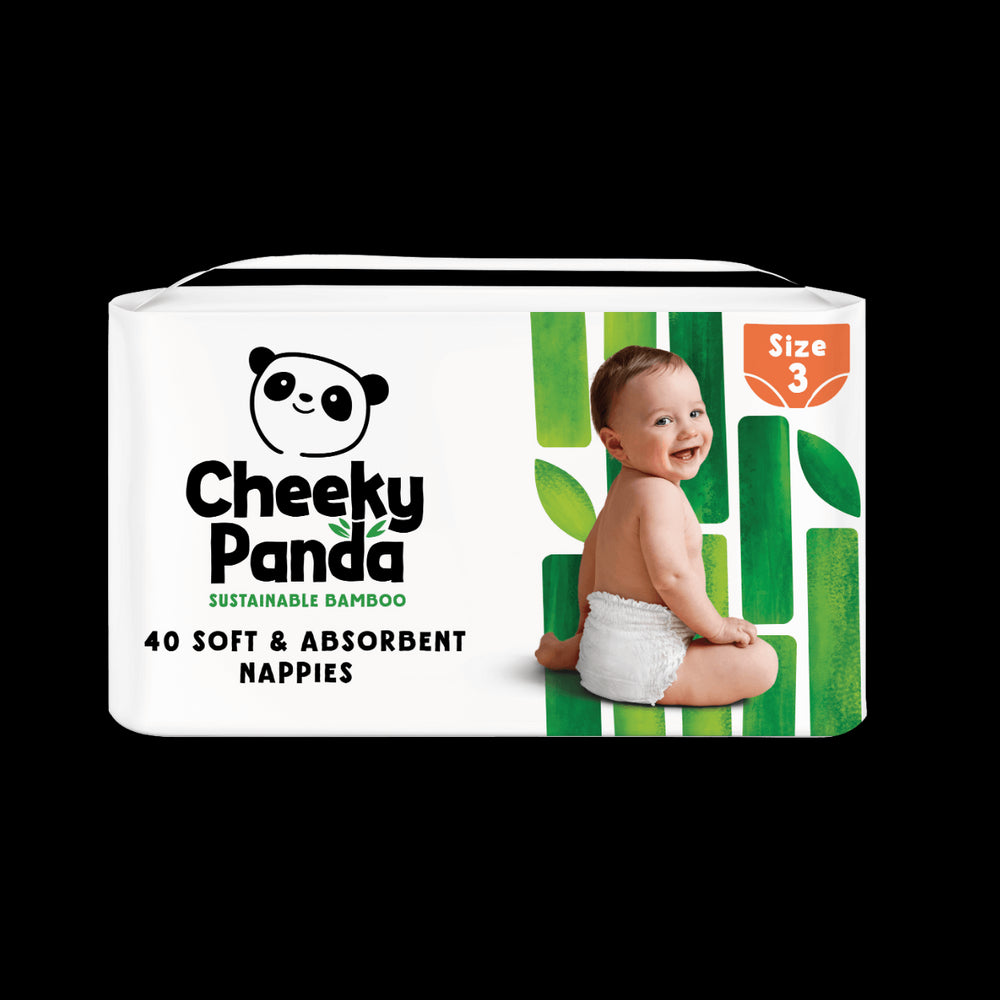 Cheeky Panda nappy package with a baby on a white background