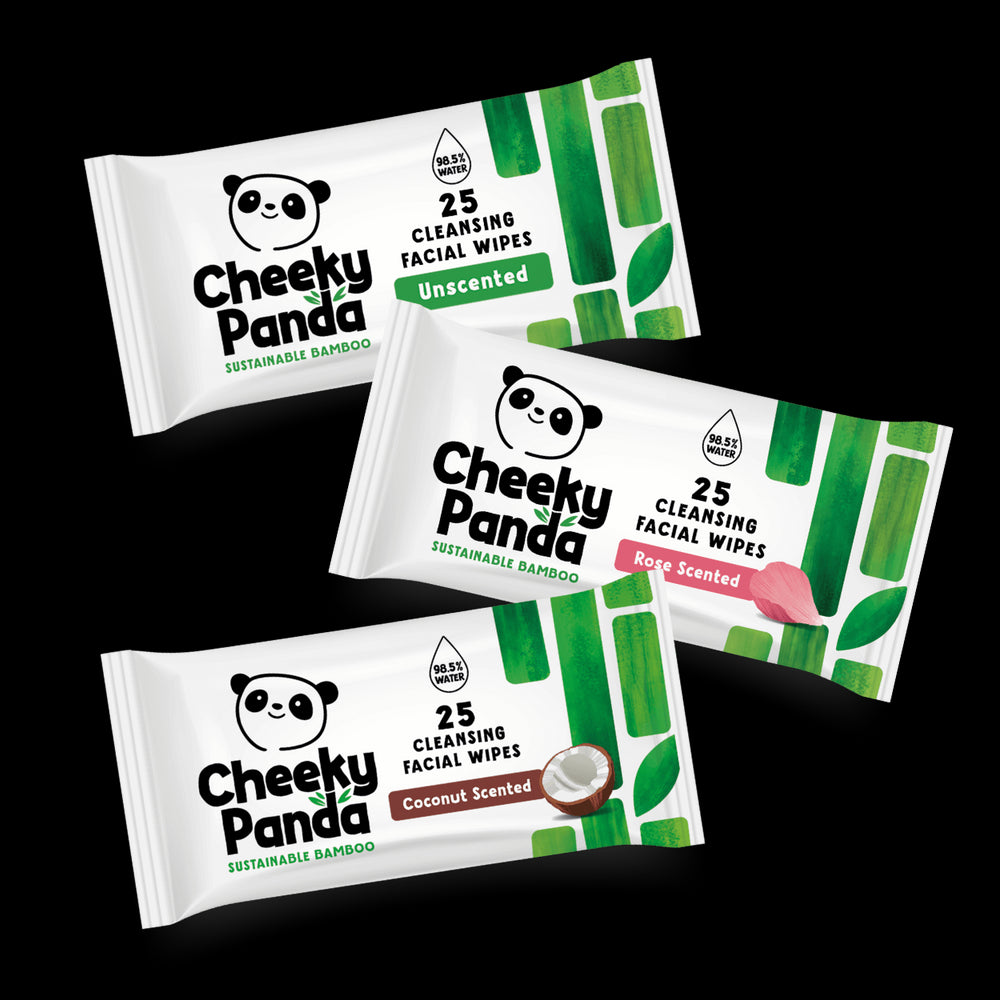 Three packages of Cheeky Panda cleansing facial wipes on a black background