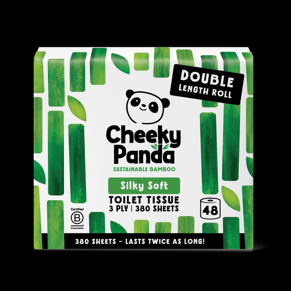 Cheeky Panda sustainable bamboo toilet paper packaging with green bamboo leaf design on a white background.
