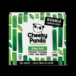 Cheeky Panda sustainable bamboo toilet paper packaging with green bamboo leaf design on a white background.