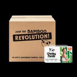 Cardboard box with 'Join the Bamboo Revolution!' text and Cheeky Panda nappy packaging.