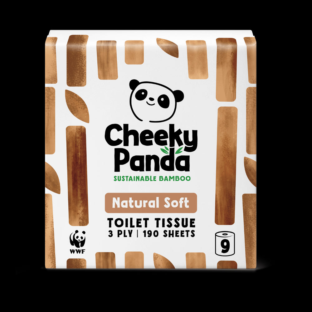 Cheeky Panda unbleached sustainable bamboo toilet paper packaging on a black background