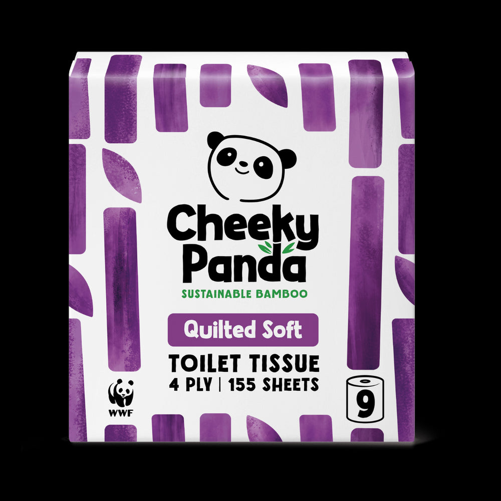 Pack of Cheeky Panda quilted toilet paper with purple and white design