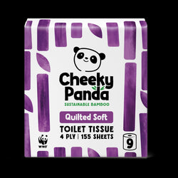 Pack of Cheeky Panda quilted toilet paper with purple and white design