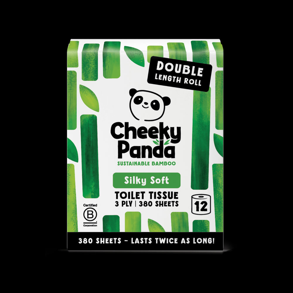 Cheeky Panda sustainable bamboo toilet paper packaging on a black background