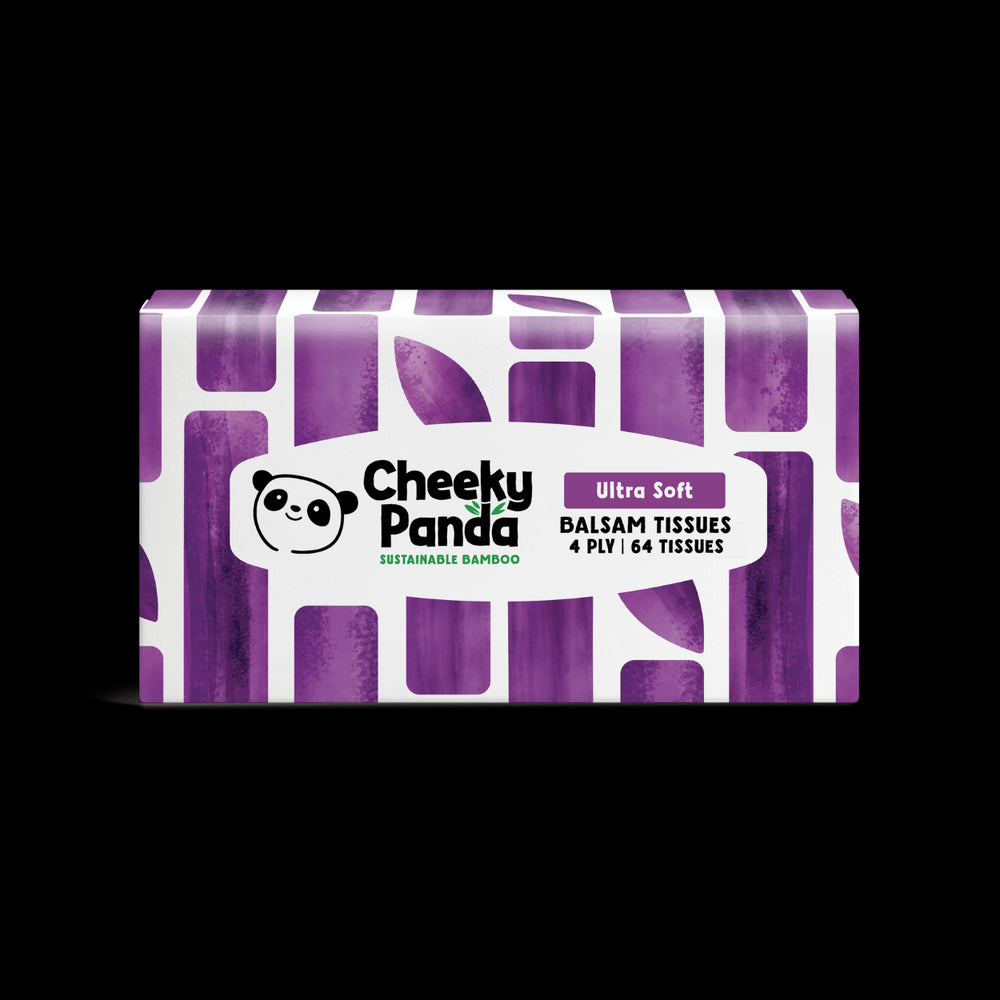 Cheeky Panda balsam tissue box with purple and white design on a black background