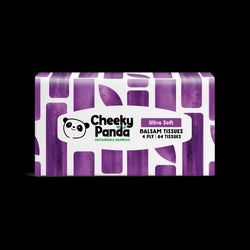 Cheeky Panda balsam tissue box with purple and white design on a black background