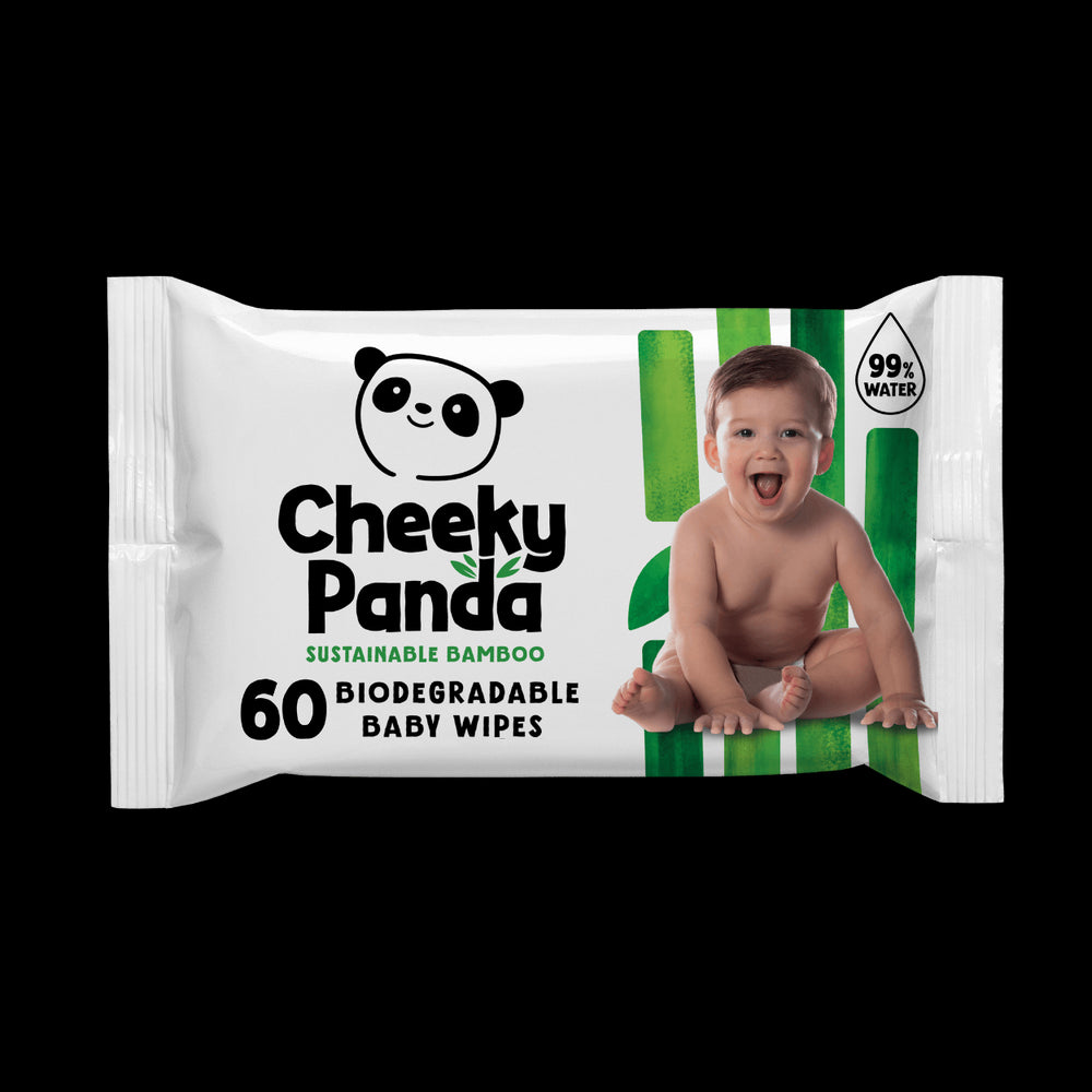 Cheeky Panda biodegradable baby wipes packaging with a child on a white background