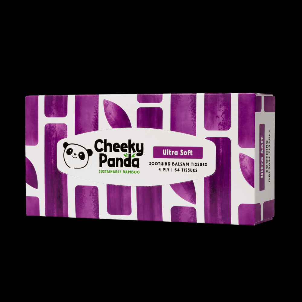 Box of Cheeky Panda balsam tissues with purple and white design on a black background