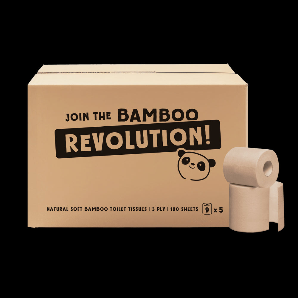 Box of bamboo toilet tissues with a Cheeky Panda unbleached toilet roll on a black background