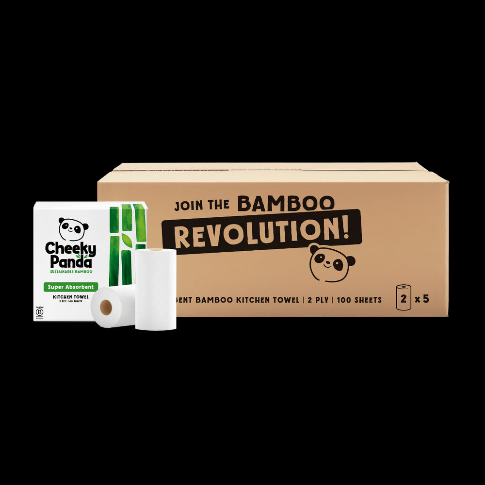 Cheeky Panda bamboo kitchen roll including a box and packaging on a white background