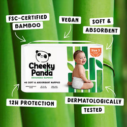 Cheeky Panda nappy packaging with bamboo leaves and product features text on a green background