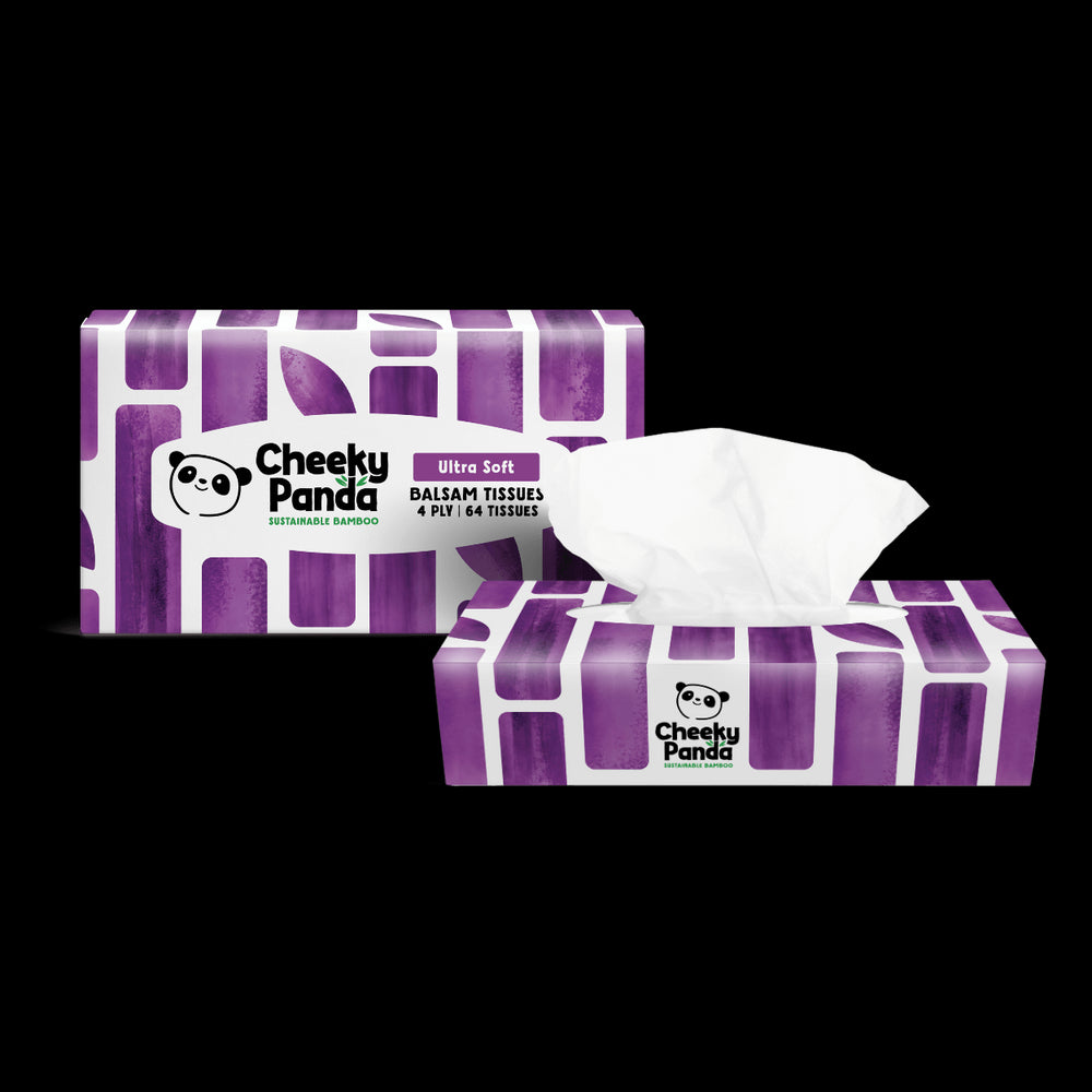 Cheeky Panda balsam tissue boxes with purple and white design on a black background