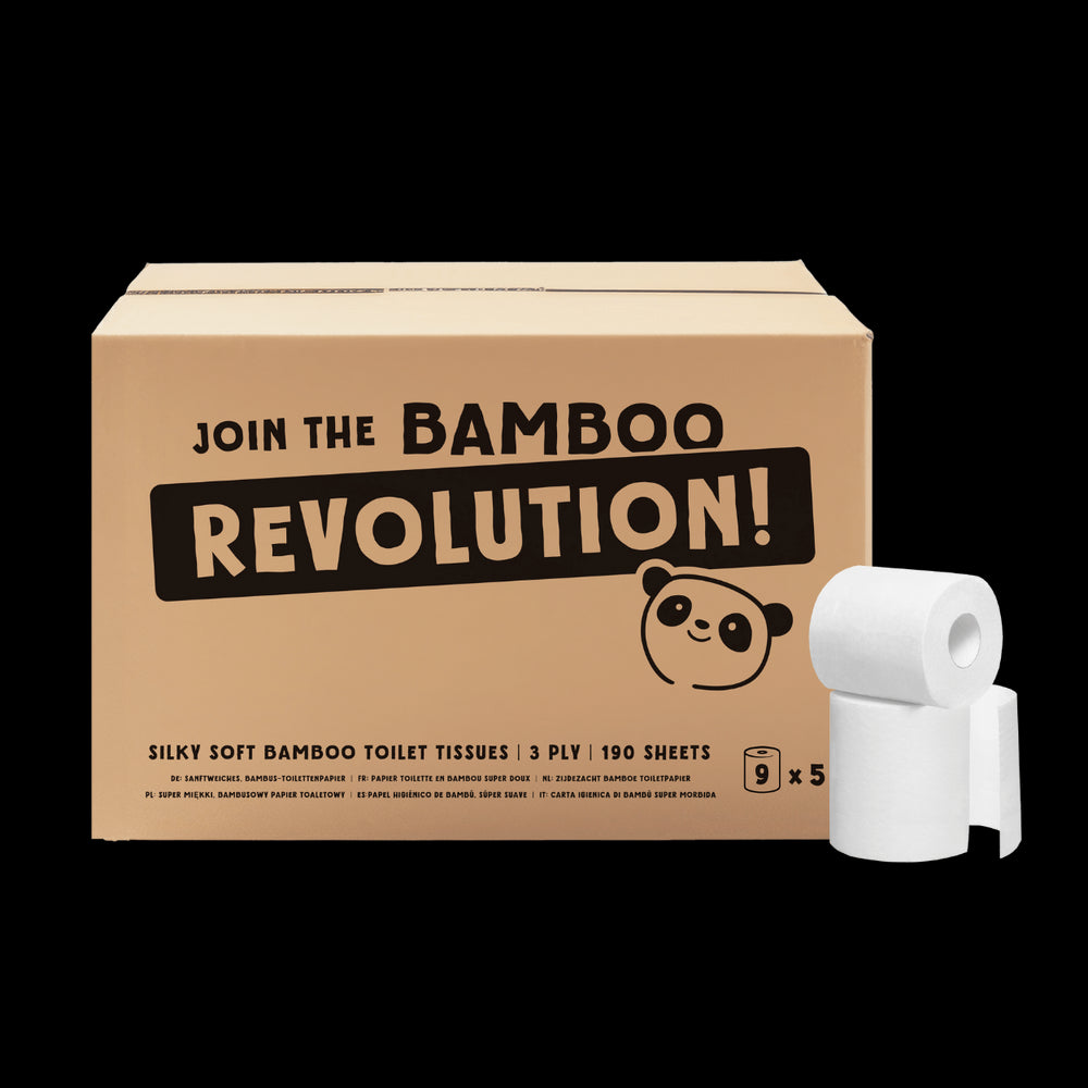 Cardboard box of bamboo toilet paper with a roll on a white background