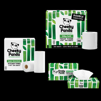 Cheeky Panda sustainable bamboo products including toilet tissue, kitchen towels, and wipes on a black background.