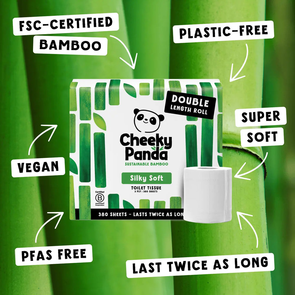 Cheeky Panda bamboo toilet paper packaging with features highlighted on a bamboo background