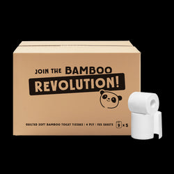 Cardboard box with 'Join the Bamboo Revolution!' text and a roll of Cheeky Panda sustainable bamboo toilet paper on a black background