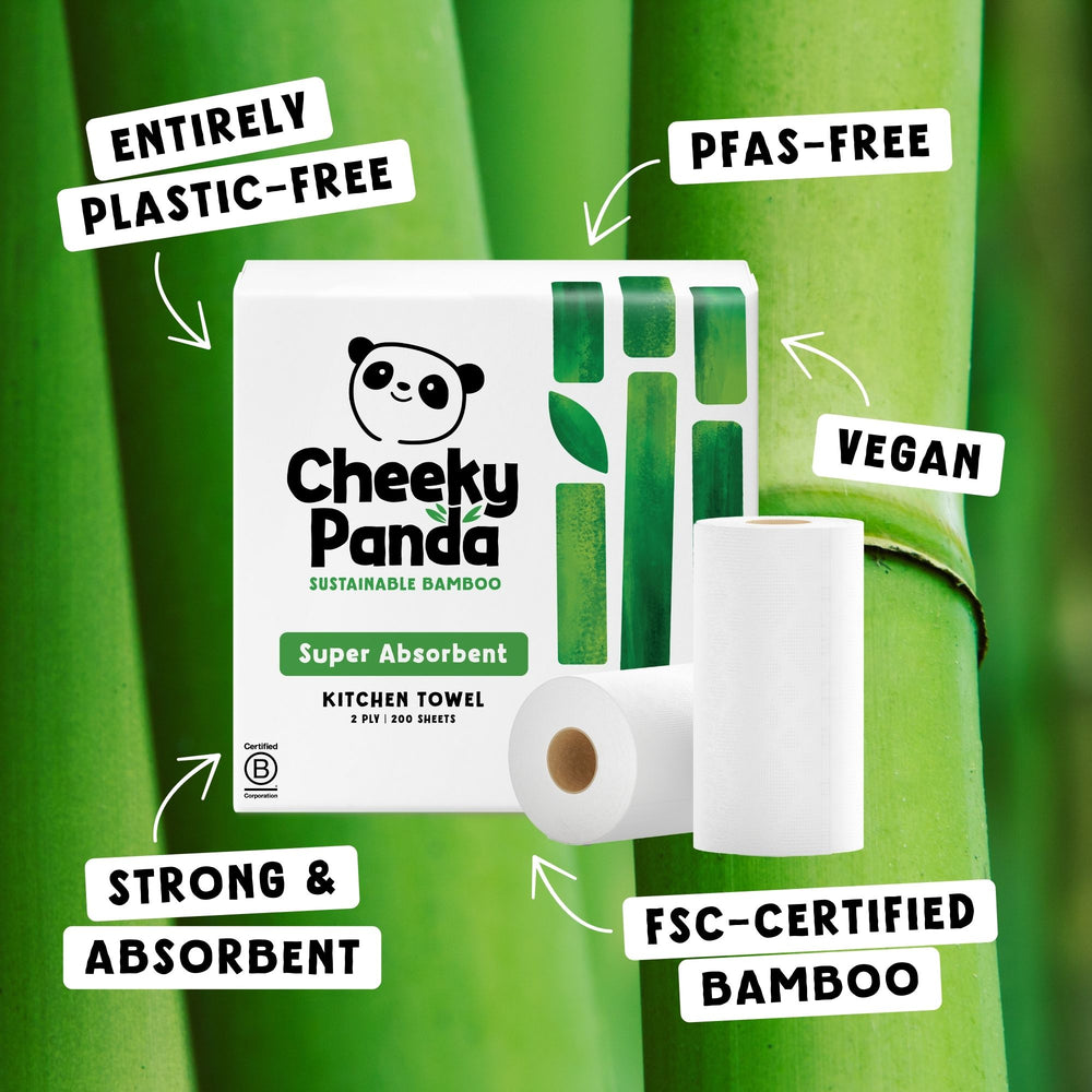 Cheeky Panda kitchen towel packaging with sustainability features on a green bamboo background