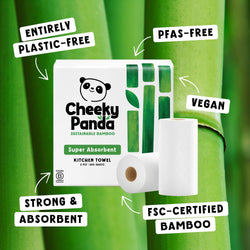 Cheeky Panda kitchen towel packaging with sustainability features on a green bamboo background