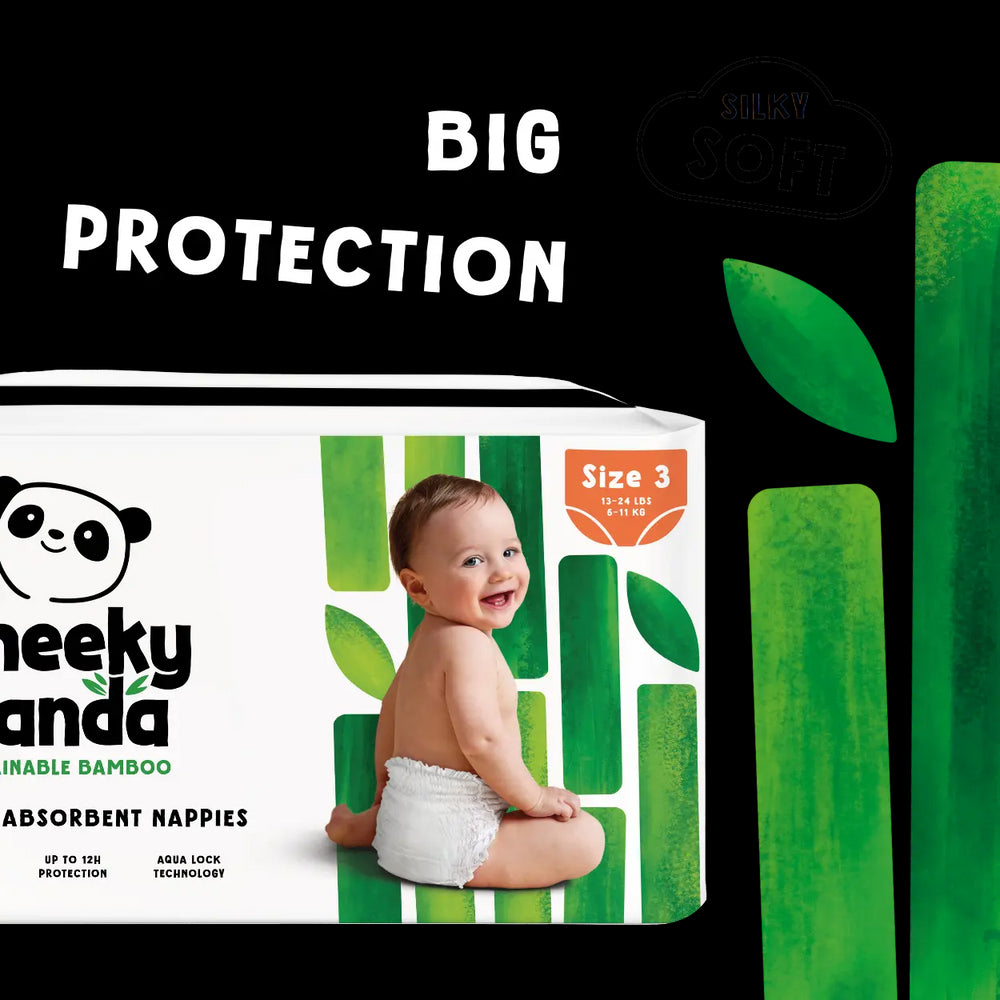 Pack of Weekey Panda absorbent nappies with a baby and green leaf design on a white background.