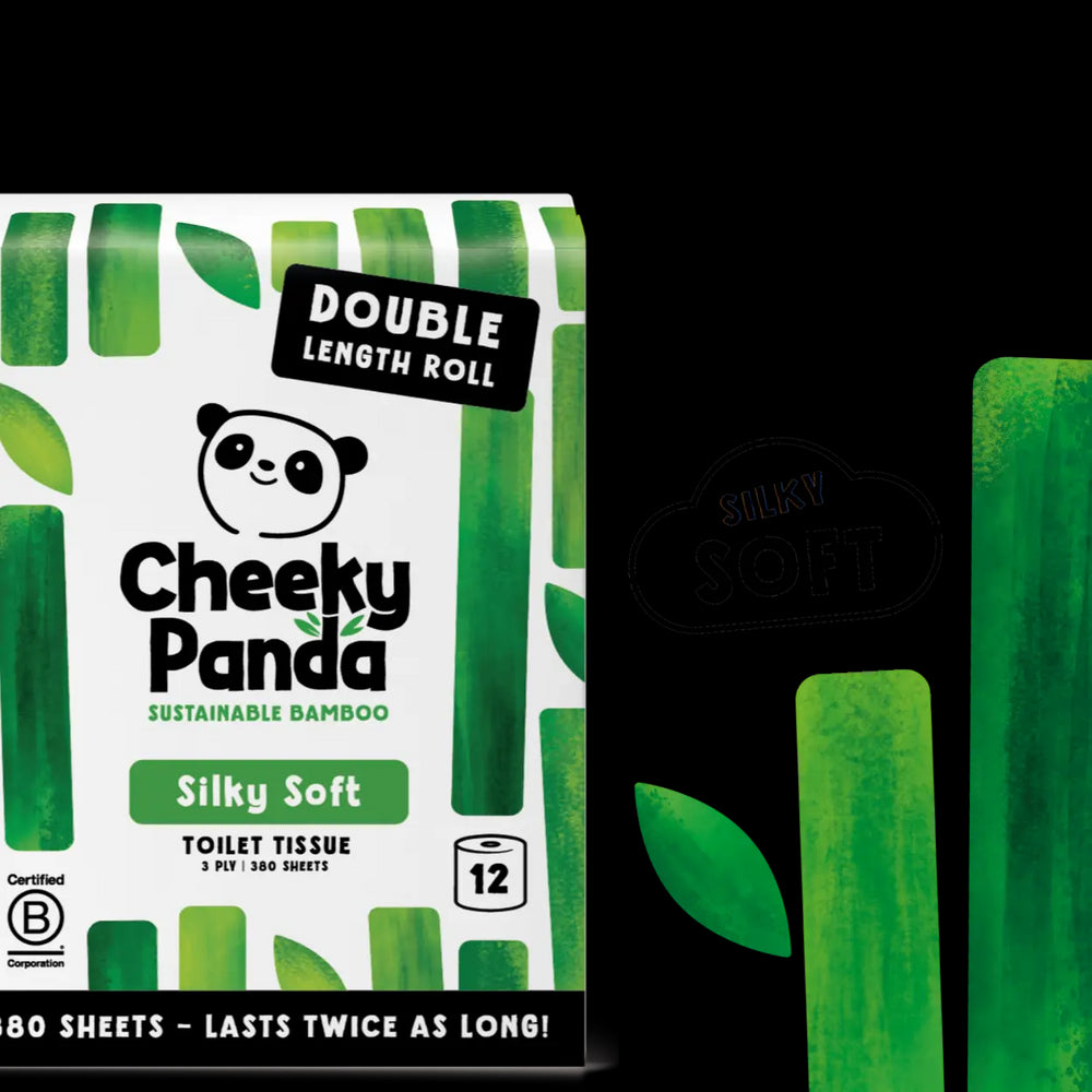 Cheeky Panda sustainable bamboo toilet paper packaging with text 'Raise your bum's standards' and 'Silky Soft'.