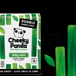 Cheeky Panda sustainable bamboo toilet paper packaging with text 'Raise your bum's standards' and 'Silky Soft'.