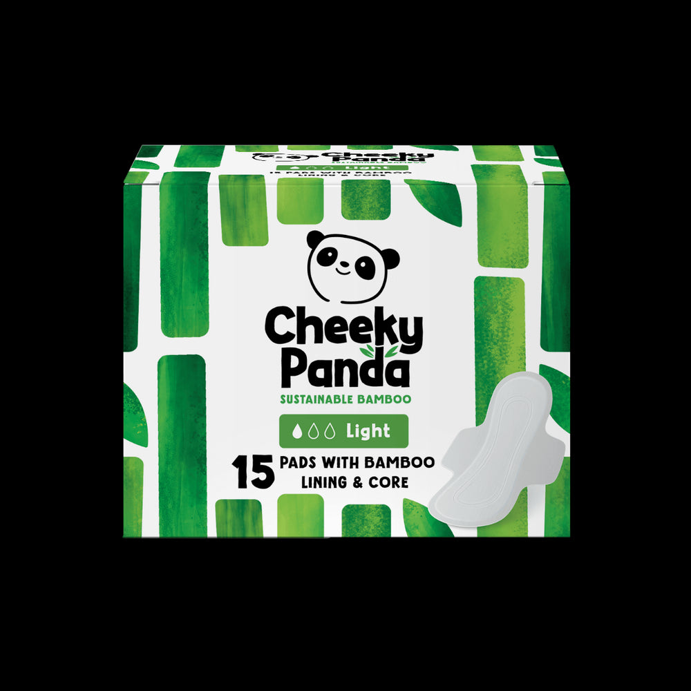 Box of Cheeky Panda sustainable bamboo pads for light flow with green and white design.