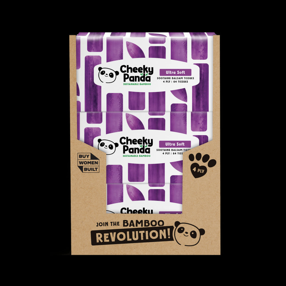 Cheeky Panda balsam tissues packaging with purple packaging and brown cardboard backing
