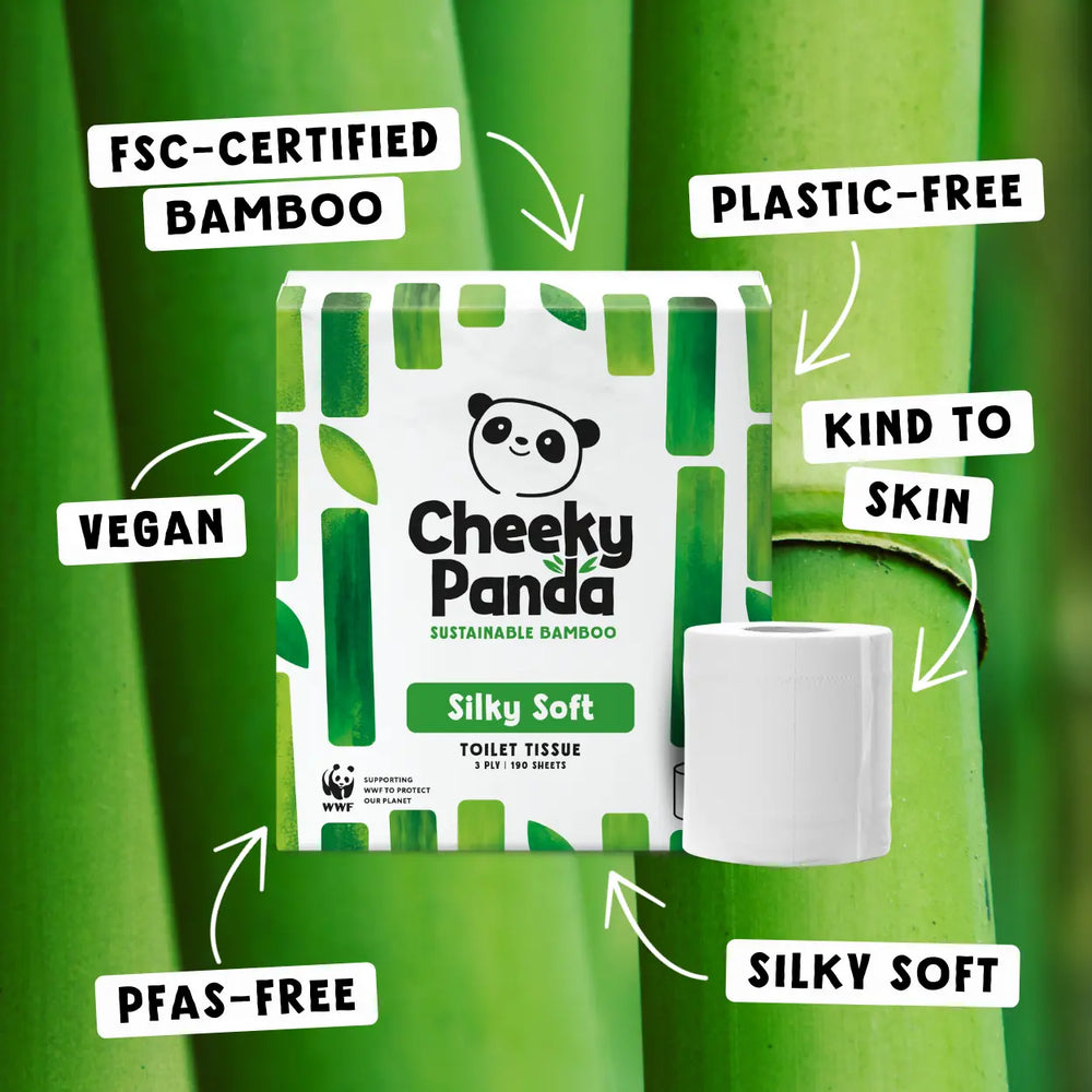 Cheeky Panda sustainable bamboo toilet tissue packaging with features highlighted on a green background.