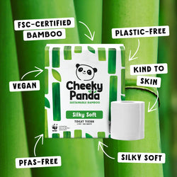 Cheeky Panda sustainable bamboo toilet tissue packaging with features highlighted on a green background.