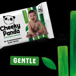 Cheeky Panda biodegradable baby wipes packaging with a child on it, emphasizing sustainability and gentle formula.