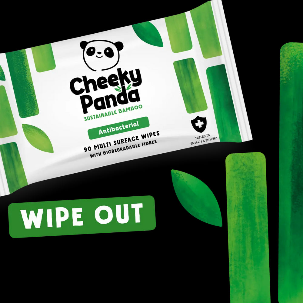 Cheeky Panda sustainable bamboo antibacterial wipes packaging on a white background