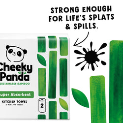 Cheeky Panda kitchen towel packaging with green bamboo design and text about absorbent strength.