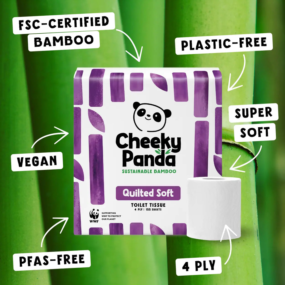 Cheeky Panda quilted soft toilet paper packaging with sustainability features on a green bamboo background