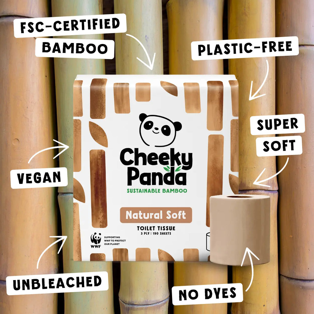 Cheeky Panda unbleached bamboo toilet paper packaging with features highlighted on a bamboo background