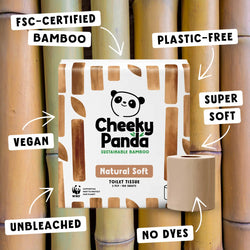 Cheeky Panda unbleached bamboo toilet paper packaging with features highlighted on a bamboo background
