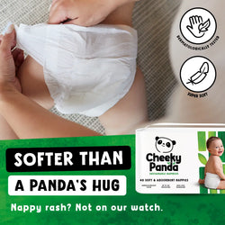 Cheeky Panda nappy being put on a baby with brand logo and text about softness and no rash.