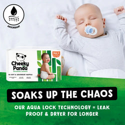 Baby sleeping with a pacifier, Cheeky Panda diapers packaging, and text about Aqua Lock technology that make these nappies leak-proof