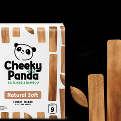 Cheeky Panda toilet paper packaging with a panda logo and text about softness.