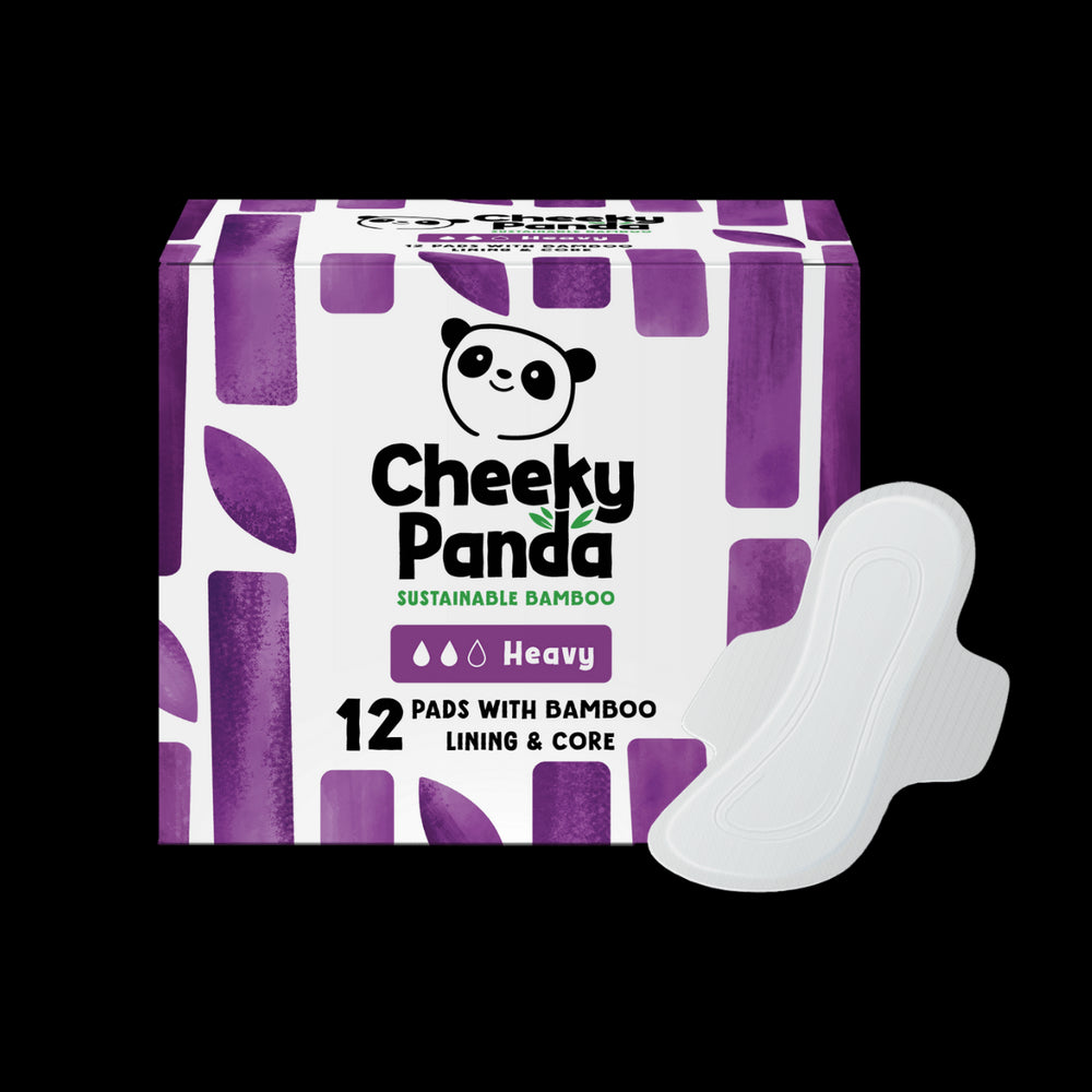 Cheeky Panda sustainable bamboo heavy flow pads packaging with a white pad on a black background