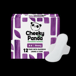 Cheeky Panda sustainable bamboo heavy flow pads packaging with a white pad on a black background